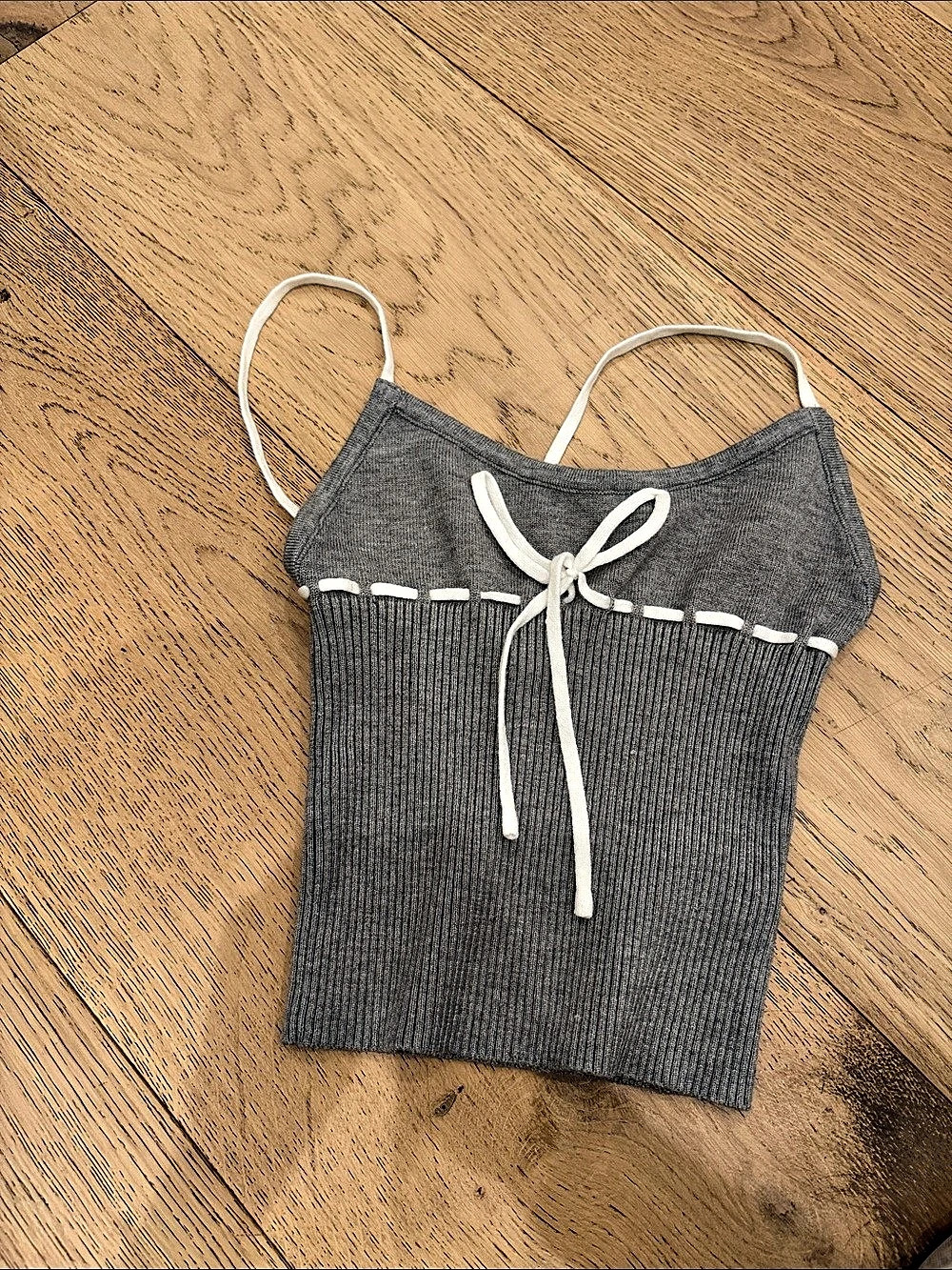 Betsey Johnson Ribbed Tie-Front Camisole in Gray & White Size XS